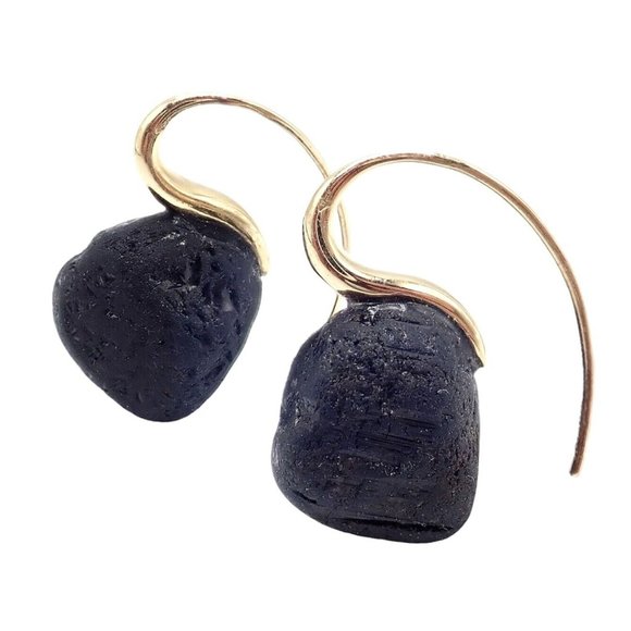 Vintage Estate 18k Yellow Gold French Maker M Lava Stone Earrings
